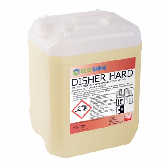 ECO SHINE DISHER HARD 24KG  Uniwersalny, skoncentrowany płyn do maszynowego mycia naczyń we wszystkich typach zmywarek gastronomicznych, zalecany przy twardej wodzie