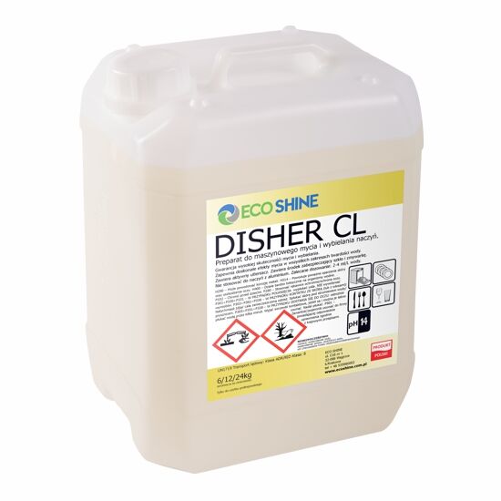 ECO SHINE DISHER CL 24KG  Myjąco, wybielający, skoncentrowany płyn do maszynowego mycia naczyń we wszystkich typach zmywarek gastronomicznych