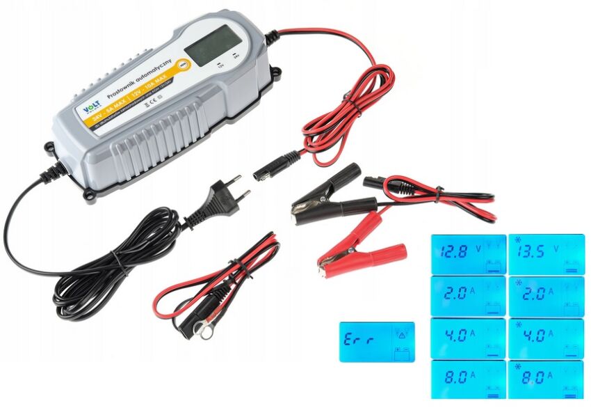 VOLT Prostownik automatyczny 10A 12/24V | Inteligentna ładowarka sieciowa do akumulatorów samochodowych, żelowych, AGM.