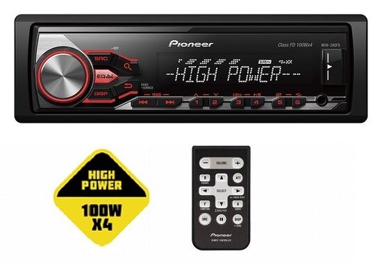 Pioneer MVH-280FD  Radioodtwarzacz o mocy 4x100W, z pilotem zdalnego sterowania, USB i gniazdem Aux-in. Odtwarzanie z iPoda/iPhone-a oraz Android Media