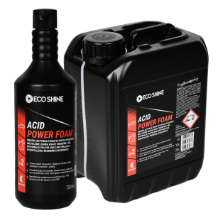 ECO SHINE ACID POWER FOAM 5L Kwaśna aktywna piana do mycia pojazdów. Usuwa osady mineralne, sól i ślady po twardej wodzie. Neutralizuje pozostałości zasadowych środków myjących (np. POWER TFR). Bezpieczna dla lakieru i folii PPF